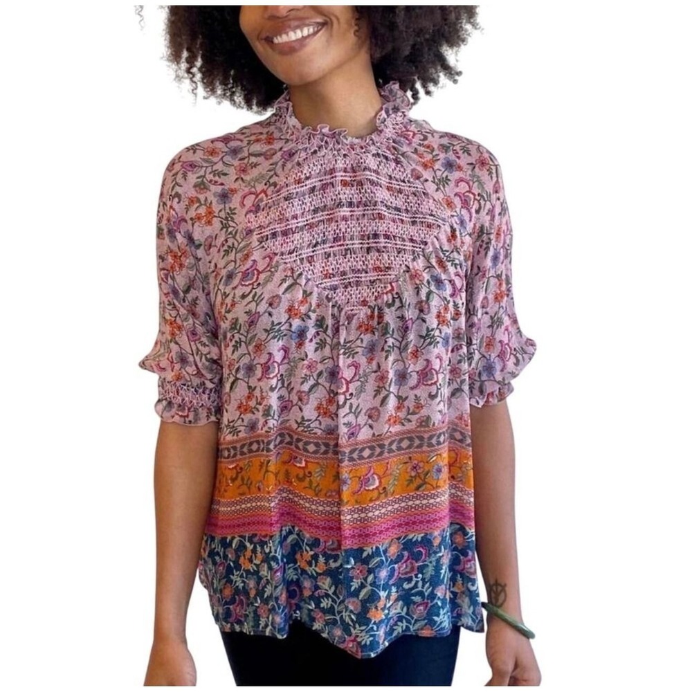 JOHNNY WAS JADE ODE Blouse Womens XS Pink Boho Floral Half Sleeve $220